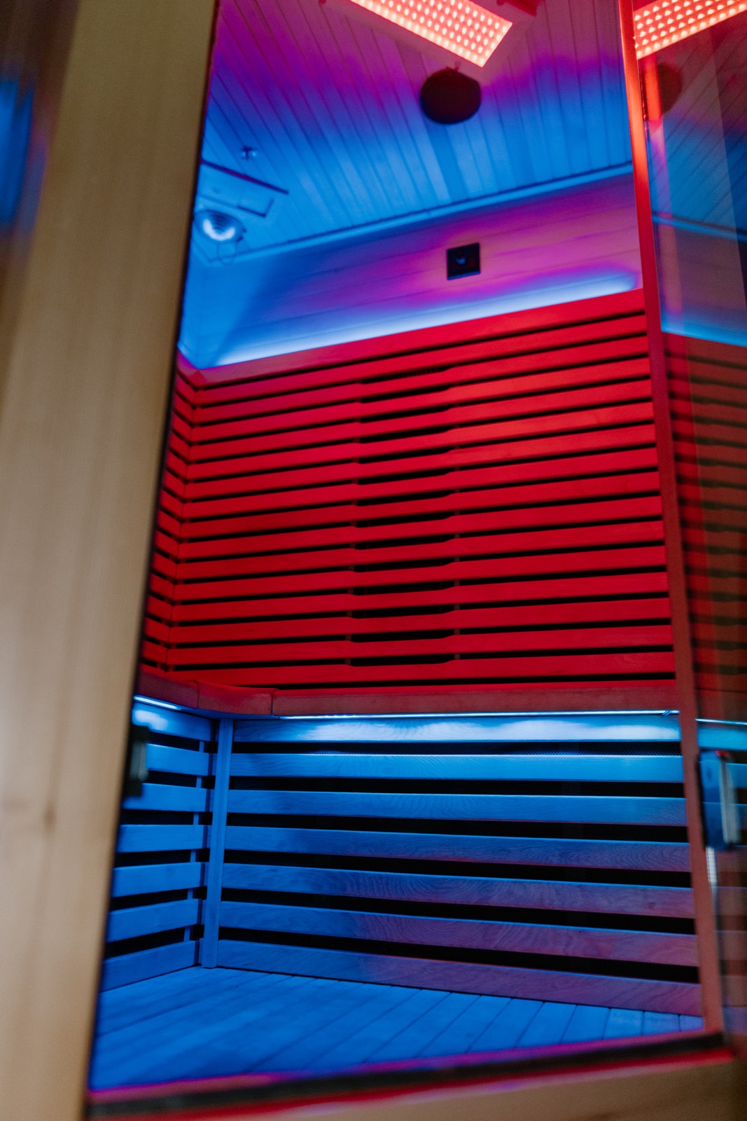 Full spectrum infrared sauna glowing red and blue at Heat & Chill Recovery