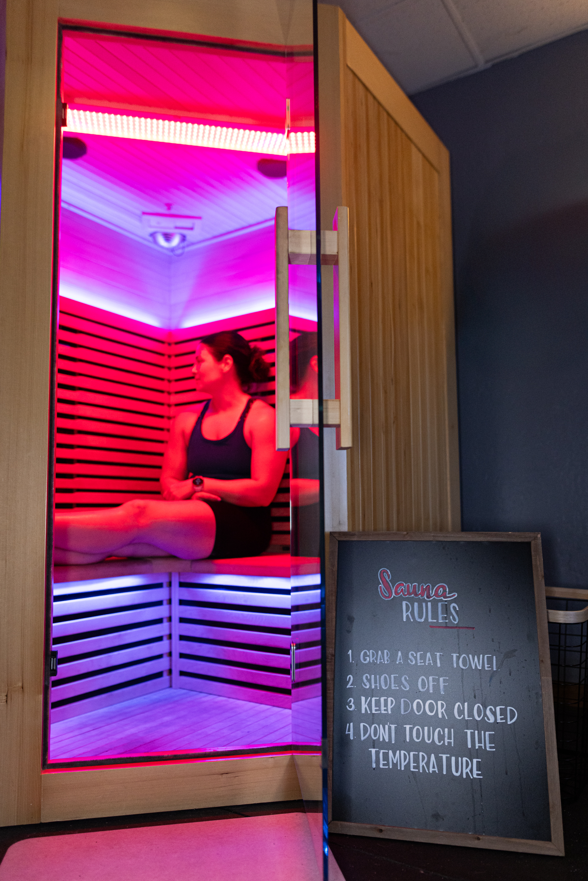 Sauna session at Heat & Chill Recovery, contrast therapy studio in Oklahoma City